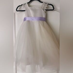 White Flower Girl Dress With Purple Satin Sash tag says size 24g